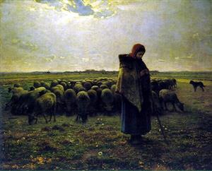 米勒的《牧羊人在看守她的羊群》