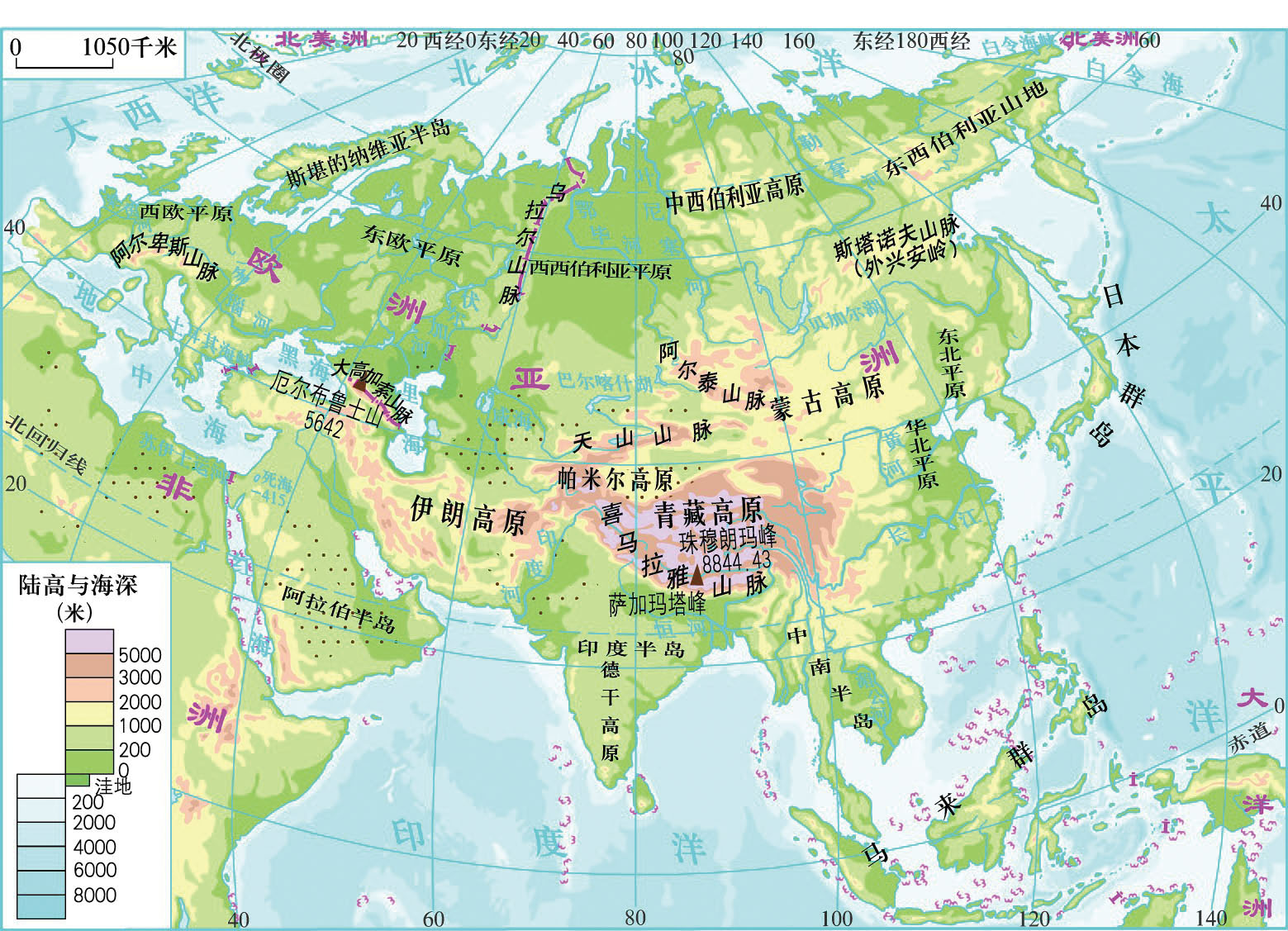 亚洲和欧洲地形分布&nbsp;地理    七年级下册（湘教版）