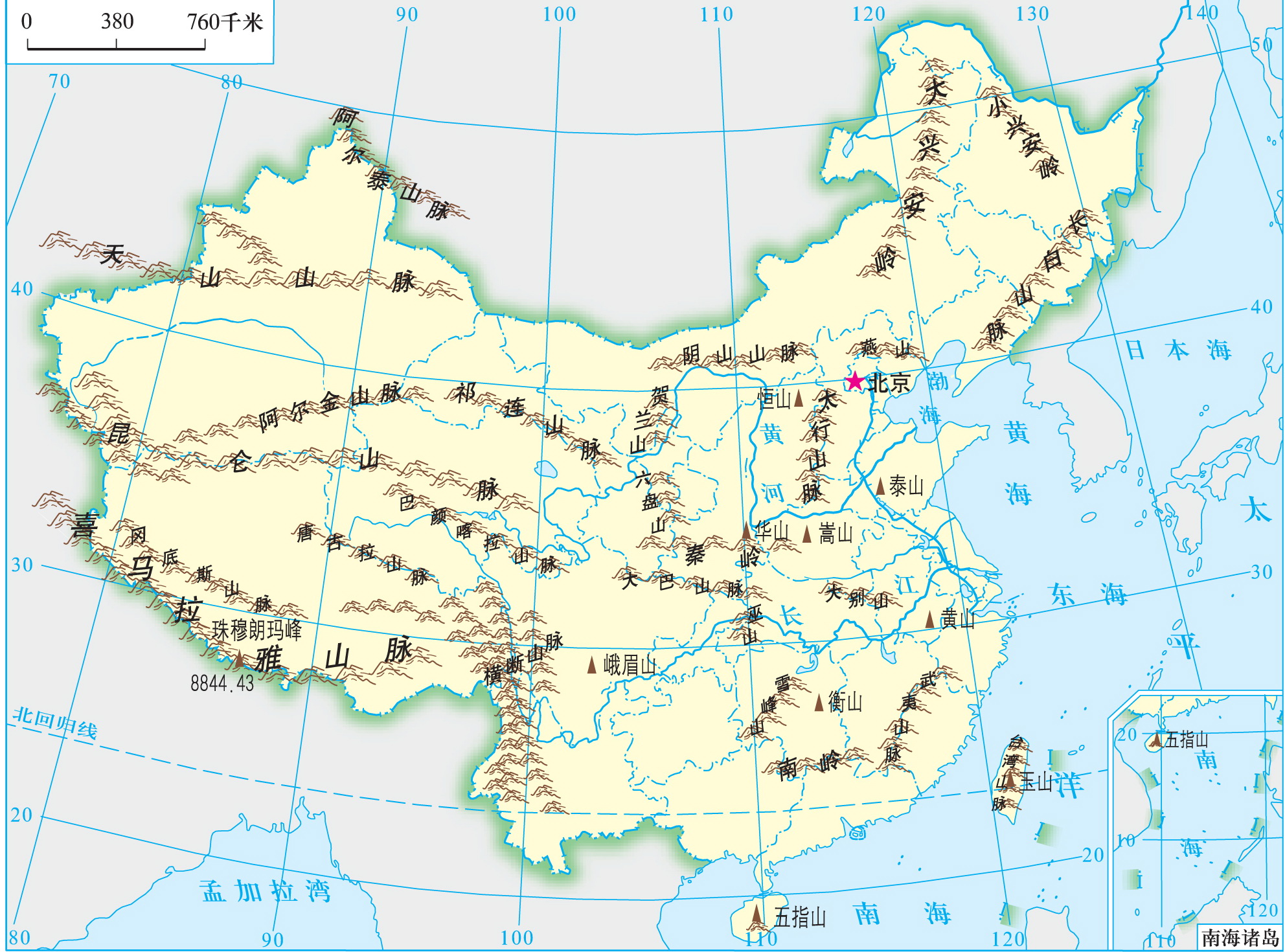 中国主要山脉分布&nbsp;地理    八年级上册（湘教版）